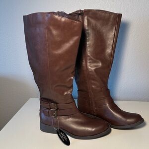 NWT Style & Co Women's Wide Calf Brown Faux Leather Moto Boots